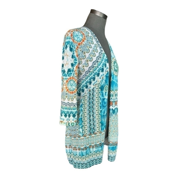 Women’s Cardigan Multicolored Geometric Print Duster CHICO’S Knit Open Front Top - Picture 3 of 7